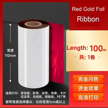 Red Gold Metallic Foil Barcode Printer Ribbon 30-110mm Inked Ribbon Roll Thermal Transfer Film for Gift Bag/Tea Bag/Card
