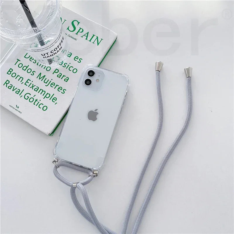 Necklace Lanyard Strap Chain Phone Case For iPhone 16 15 14 13 Pro Max 12 11 XS X XR Mini 7 8 Plus Transparent Soft Rope Cover