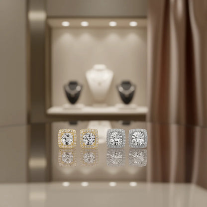 Classic Geometric Square Stud Earrings with Round Zircon Inlay Gold Plated Zinc Alloy Unisex Jewelry Gift Women Men