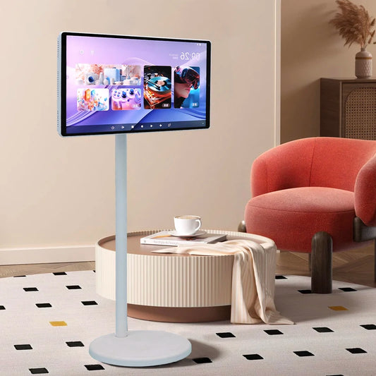 21.5 Inch White Indoor Android LED TV Smart Screen with Battery on Wheels Floor Standing Tablet Television