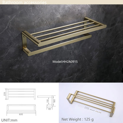 Brushed Gold Bathroom Accessories Stainless Steel in Wall Mounted Bath square Towel Holder Shelf with Towel bar Hanger Hardware