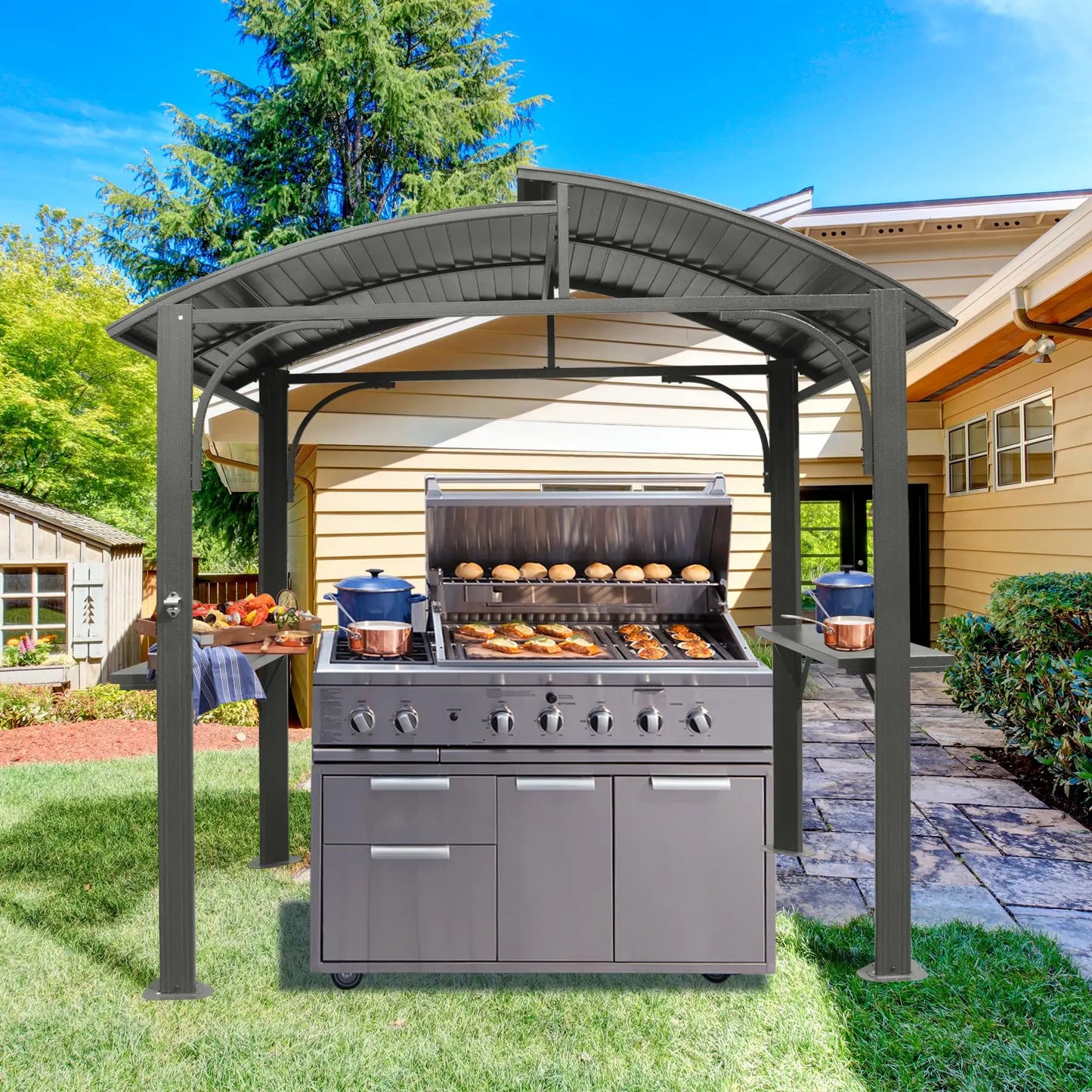 8x5FT Hardtop BBQ Grill Gazebo Tent Outdoor Double Galvanized Steel Roof 2 Side Shelves Pergola Canopy Gazebo Product