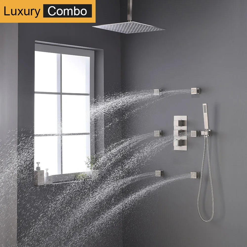 16-Inch Polished Brass Wall Mount Thermostatic Faucet Set with Slide Bar Soft Jet Rain Shower System