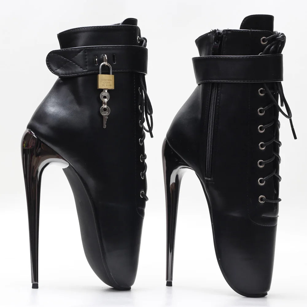 JIALUOWEI New 7Inch Stiletto High Heel Lock Wrap Strap Ankle Length Fetish Ballet Boots In Stock Shipping Fast