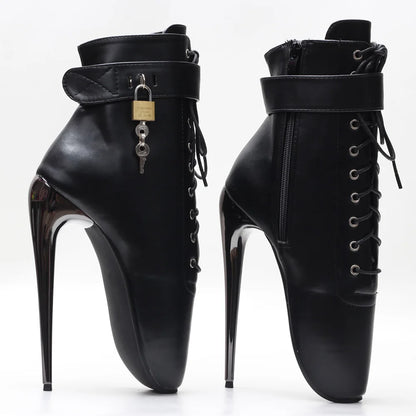 JIALUOWEI New 7Inch Stiletto High Heel Lock Wrap Strap Ankle Length Fetish Ballet Boots In Stock Shipping Fast