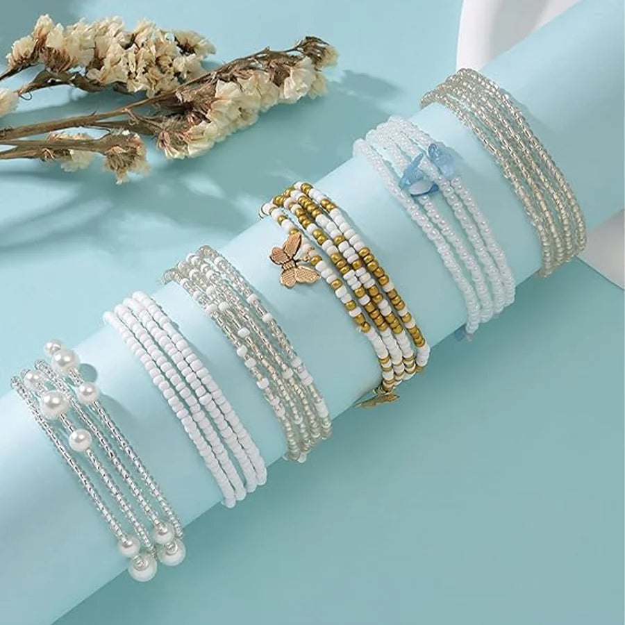 8Pcs 31.5 Inches Waist Bead Chain Elastic Belly Beads Butterfly Layered Body Chain Colorful Jewelry Accessories for Women