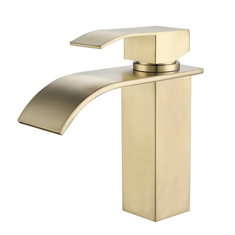 Stainless Steel 304 Brushed Gold Basin Faucet Deck Mount Waterfall Faucet Cold and Hot Bathroom Vanity Vessel Sink Mixer Tap