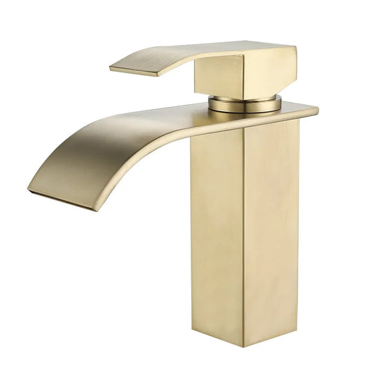 Stainless Steel 304 Brushed Gold Basin Faucet Deck Mount Waterfall Faucet Cold and Hot Bathroom Vanity Vessel Sink Mixer Tap by PDG ibma