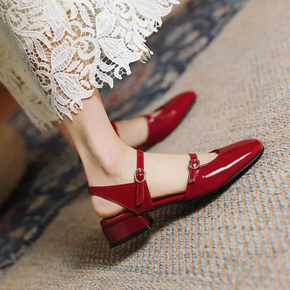 LIHUAMAO Patent leather women sandals ankle strap square toe sandals high heel shoes green