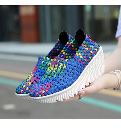 New Women Sneakers Summer Casual Shoes Woven Flat Platform Women's Shoes Breath Loafers Lady Footwear Soft Zapatos Plus Size 42