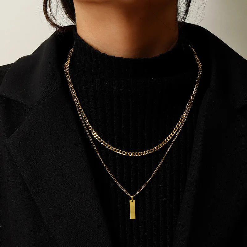 2PCS Unisex Stainless Steel Minimalist Multi-Color Simple Rectangular Pendant Necklace with Snake Chain Chokers Necklaces