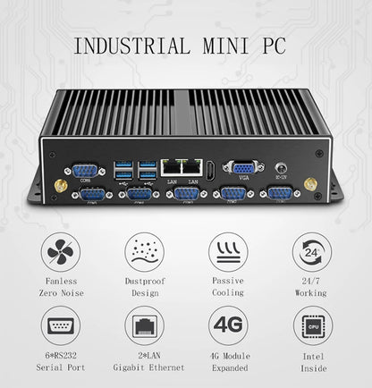 Industrial Mini PC Fanless Dual LAN 6x COM-RS232 Support 1x RS485 Intel I7-5500U Celeron J1900 SIM Slot Mini-PCIe Windows Linux