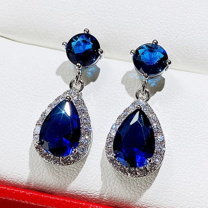 Luxury 925 Silver Water Drop Crystal Earrings Bezel Setting For Women Party Jewelry Blue Diamond Rhinestone Earrings