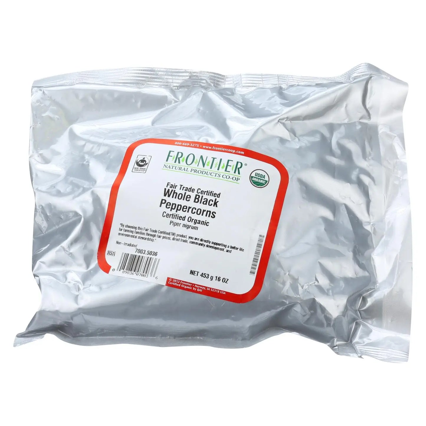 Poivre noir entier bio et équitable UD2 Frontier, 454 g (1 lb) en vrac, épices séchées et traitées par voie chimique.