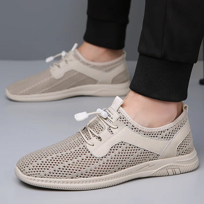Men Summer Fly Knit Mesh Slip-On Casual Shoes Round Toe Breathable Lightweight Rubber Sole Solid Shoe Tongue Logo