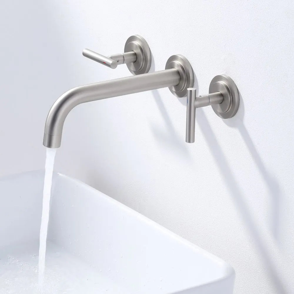 8 Inch Long Spout Reach Bathroom Sink Faucet Wall Mounted Two Handles Washbasin Faucet Rough-in Valve Chrome Wall Faucet