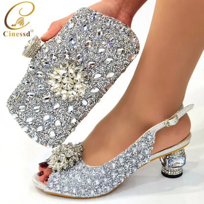Ladies Italian Shoes and Bag Set Decorated with Rhinestone Matching Shoes and Bag Set In Heels Women Comfy Platform Sandal Shoes