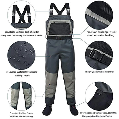 Factory Price in Stock 3 Layer Uninsulated Breathable Waders Sockfoot Best Breathable Waders Fly Fishing Hunting Chest Waders