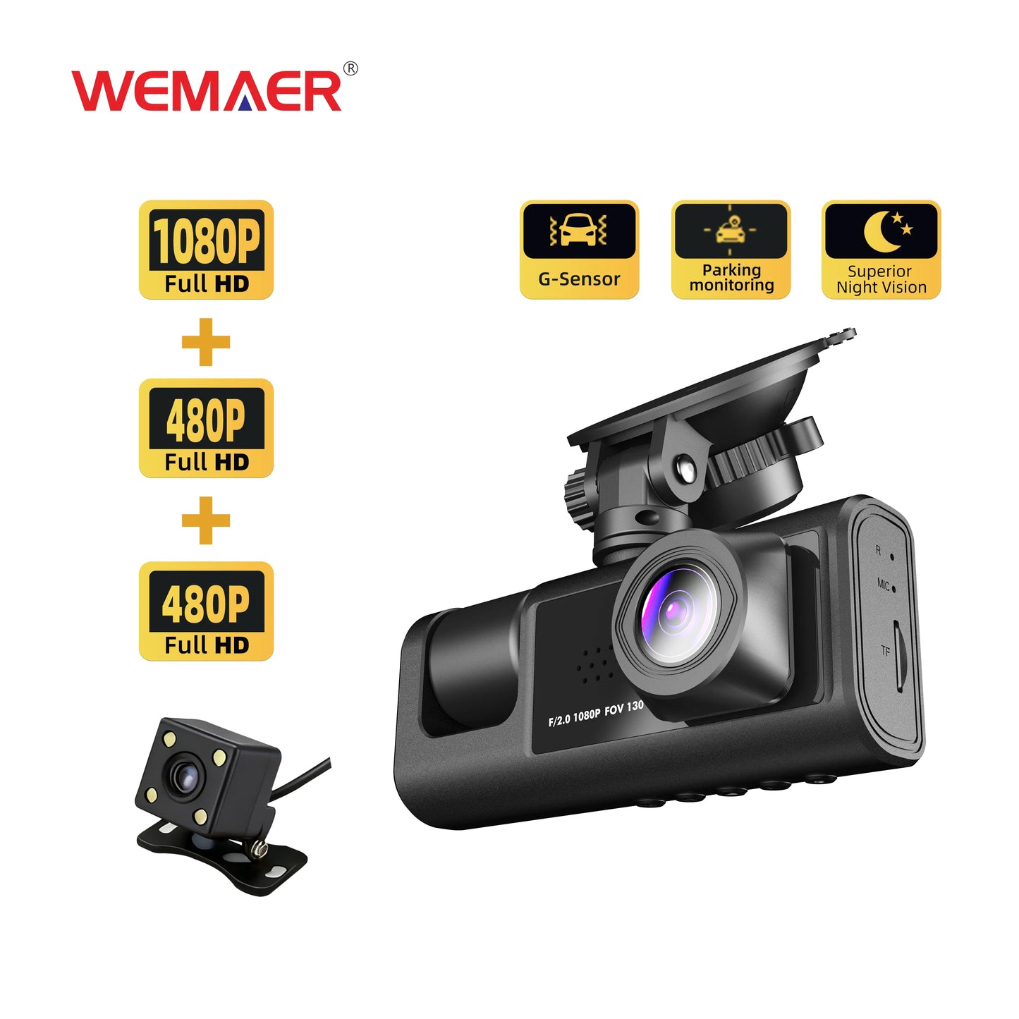 3 Lens Black Box HD 720P Dashcam Front Inside and Rear 3 Channel Vehicle DVR Dash Cam with 2 Inch LCD Screen Car Camcorder