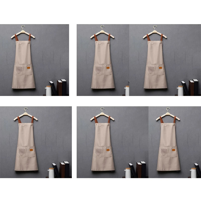 Khaki Kitchen Apron Waterproof Cross Adjustable Webbing Restaurant bar Barbershop Garden With Pocket Custom Logo