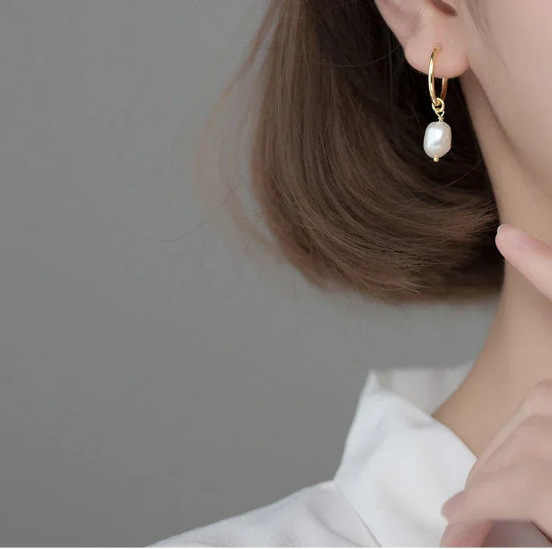 TrustDavis Real 925 Sterling Silver Sweet Irregular Baroque Pearl Hoop Earrings For Women Wedding Valentine's Day Jewelry DB338
