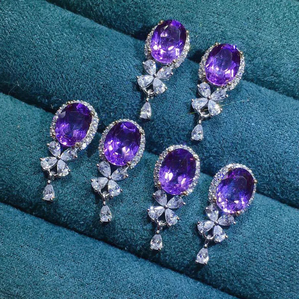 Maegestic Purple Drop Earrings with Oval Gemstone and Pear Cut Crystal Flower Design Zinc Alloy Romantic for Women Party Jewelry