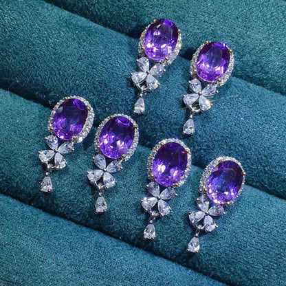 Maegestic Purple Drop Earrings with Oval Gemstone and Pear Cut Crystal Flower Design Zinc Alloy Romantic for Women Party Jewelry