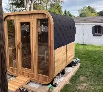 Cedar Square Barrel Steam Sauna 4-person Outdoor Garden Traditional Steam Sauna with Black Asfalt Roof Shingle Tiles