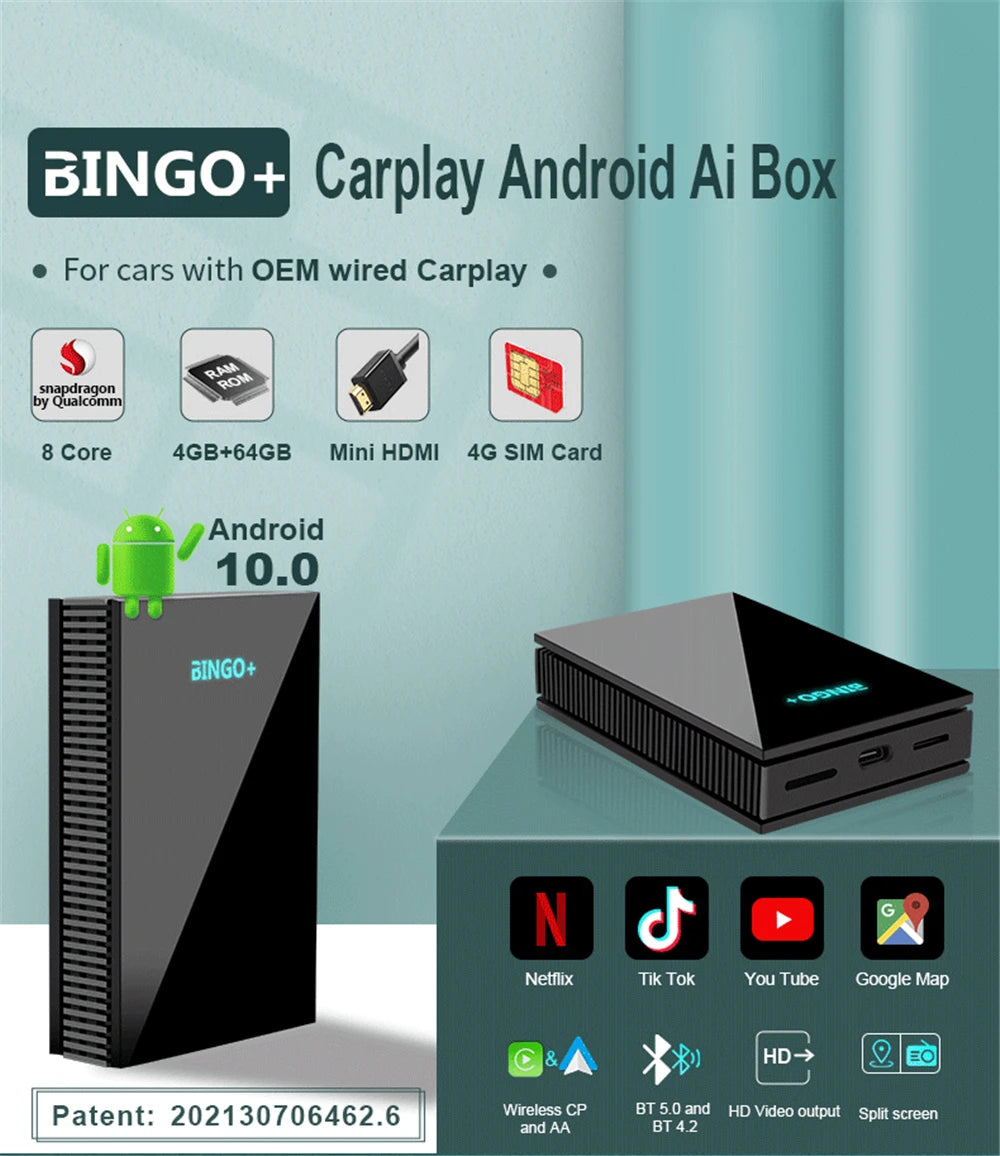 BINGO+ 2021 New 4+64G Wireless Carplay IOS Android Auto Ai Box Car Multimedia Player Wifi Usb HDMI for Youtube Box