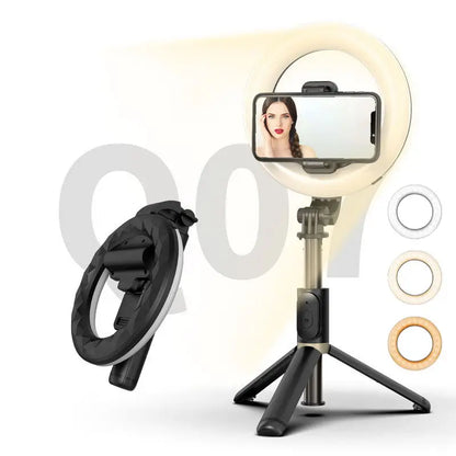 Q07 Selfie Stick Tripod with 6 Inch 3 Color Temperature Ring Light 798mm Foldable for Video Vlog
