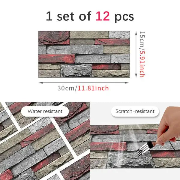 Red Stone Brick Marble PVC Wall Sticker Easy-to-Clean & Water Resistant Peel and Stick for Kitchen and Bathroom