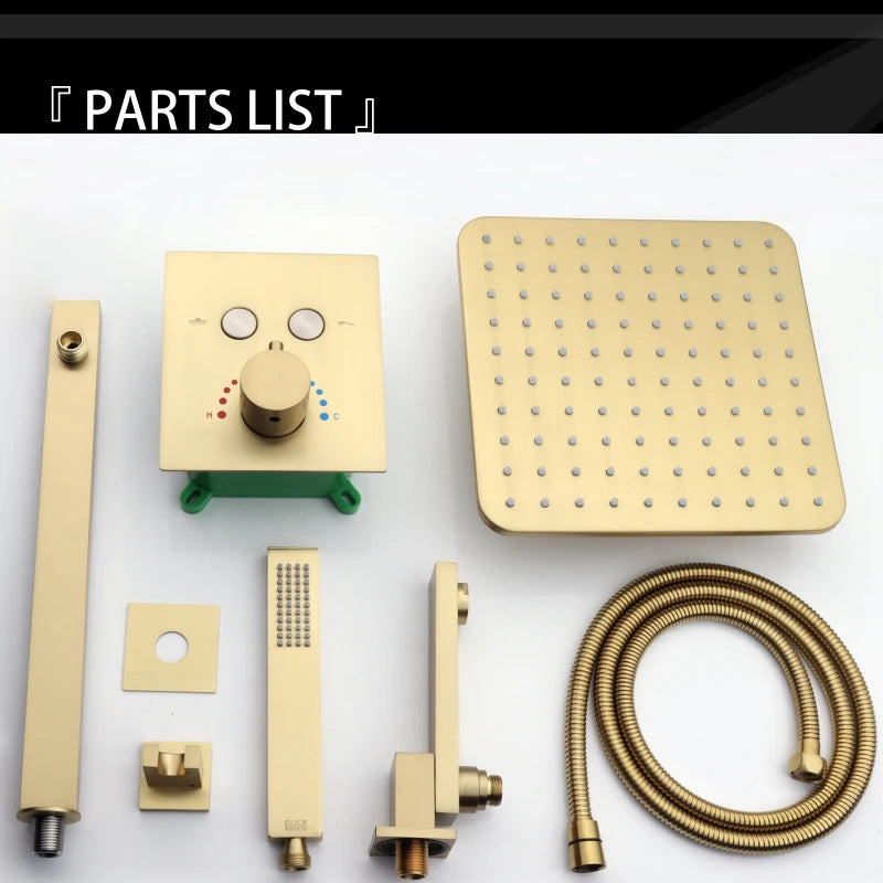 Brushed Gold Thermostatic Rainfall Shower System 10 Inch Bathroom Gold Luxurious Modern Shower Set With Bathtub Spout