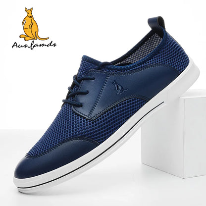 Men's Lightweight Cowhide Leather Casual Sport Sandals Kangaroo Logo Slip-On Lace-Up Summer Walking Style Shoes Breathable