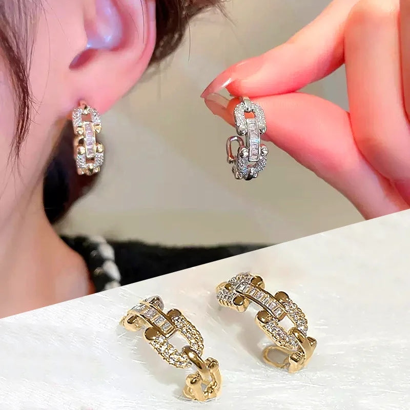 E2443 Gold Plated Huggie Earrings With Crystal Rhinestone Lock Design For Women Trendy Everyday Wear