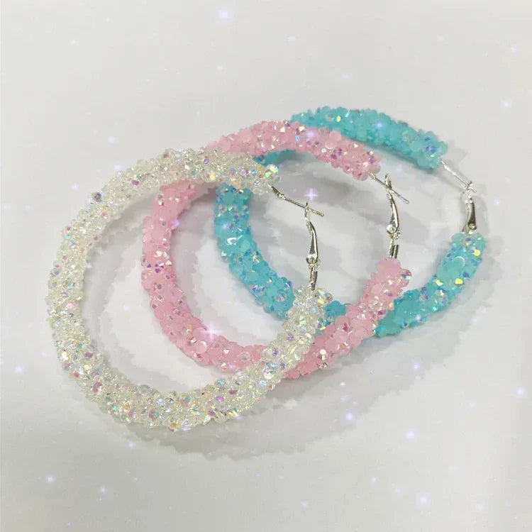 Trendy Women Geometric Big Hoop Earrings Resin Crystal Bling Hoop Earrings Custom Color Exaggerated Gold Earring for Girls
