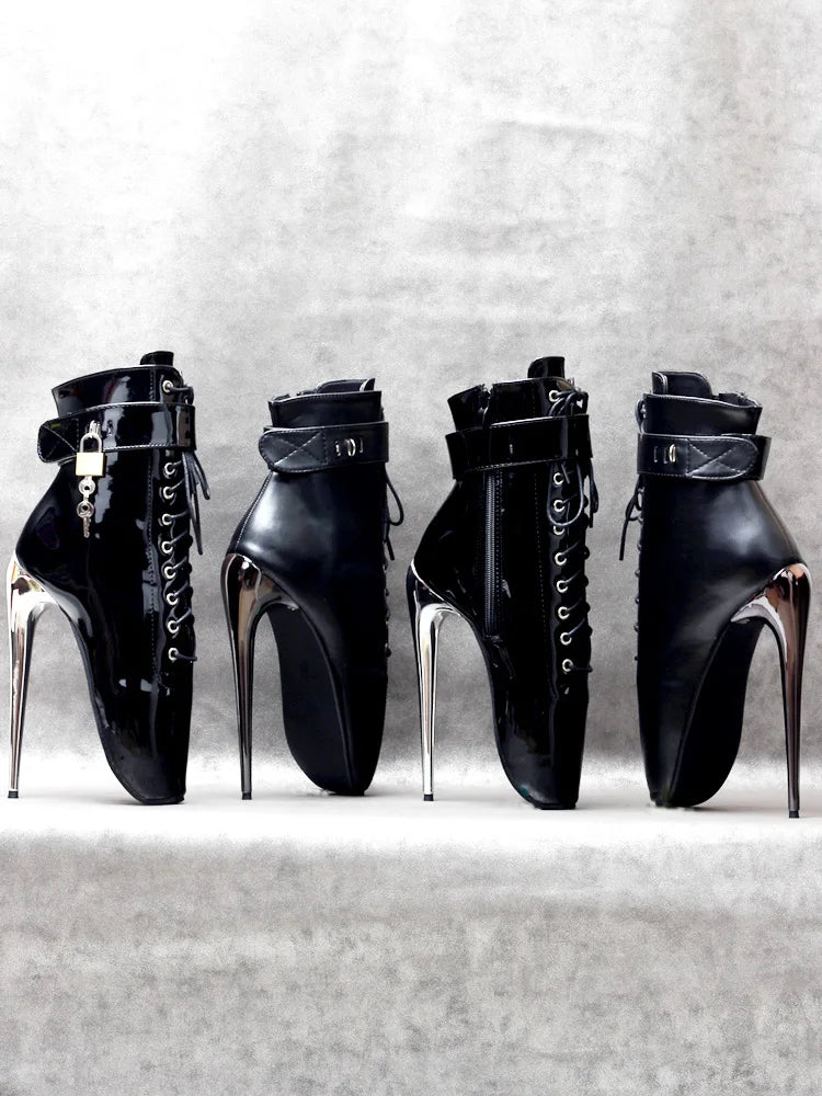 JIALUOWEI New 7Inch Stiletto High Heel Lock Wrap Strap Ankle Length Fetish Ballet Boots In Stock Shipping Fast