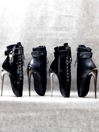 JIALUOWEI New 7Inch Stiletto High Heel Lock Wrap Strap Ankle Length Fetish Ballet Boots In Stock Shipping Fast