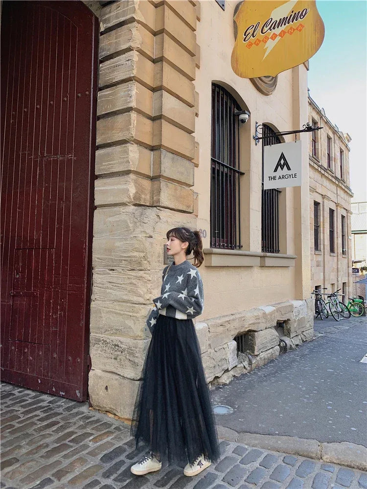 TingYiLi Elegant Tulle Skirt Autumn Winter Big Swing Women Skirt Korean Cute Pink Green Gray Blue Brown Black Long Skirt Tutu