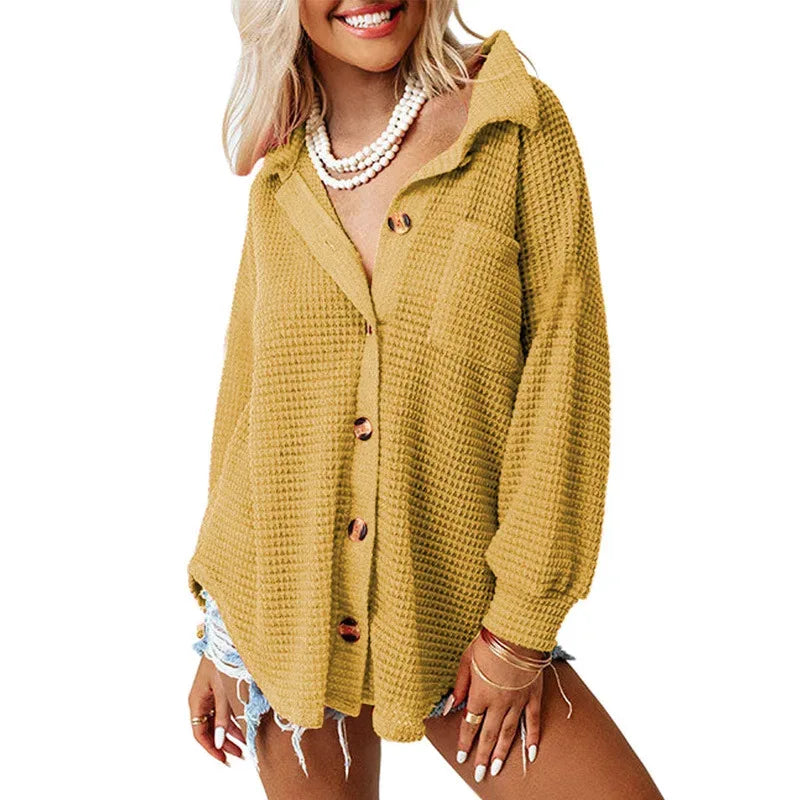 RNSHANGER Autumn Women Solid Color Blouses Casual Waffle Knit Plain Long Sleeve Pocket Shirts for Women