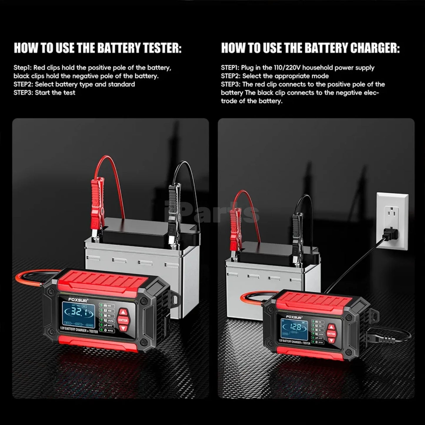 IParts Foxsur Car Battery Charger 12V 6A FTC-1206 Motorcycle Truck AGM LiFePO4 Lead Acid Batteries Maintainer Digital