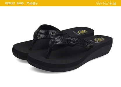 Best Selling Womens Slides Quality Rhinestone Slope Heel Flip-flops Non-slip Elastic Insoles Korean Fashion Summer Sandals