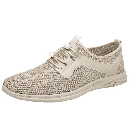Men Summer Fly Knit Mesh Slip-On Casual Shoes Round Toe Breathable Lightweight Rubber Sole Solid Shoe Tongue Logo