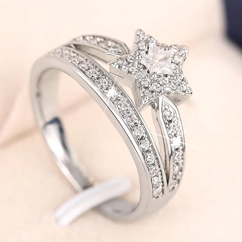 T0206 Silver Diamond Ring Princess Cut Natural G Color Women's Engagement Ring With Side Stones
