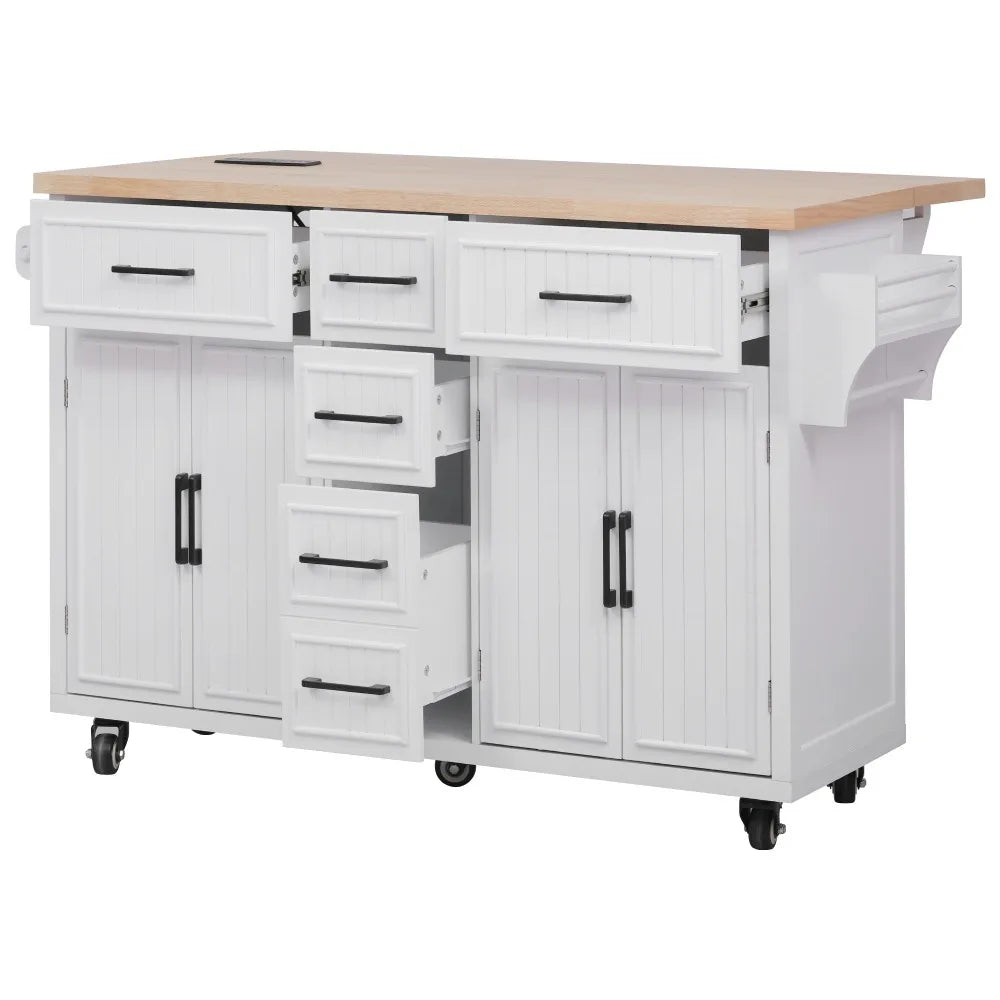 56.5'' Kitchen Island with Drop Leaf, Power Outlet, Embossed Vertical Stripe Rolling Kitchen Cart on Wheels