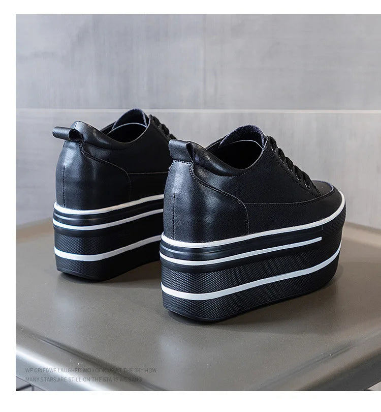 Fujin 10.5cm High Thick Heel Platform Flats Women Casual Shoes Genuine Leather Soft Quality Casual Shoe Sneakers White Black