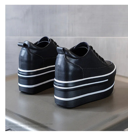 Fujin 10.5cm High Thick Heel Platform Flats Women Casual Shoes Genuine Leather Soft Quality Casual Shoe Sneakers White Black