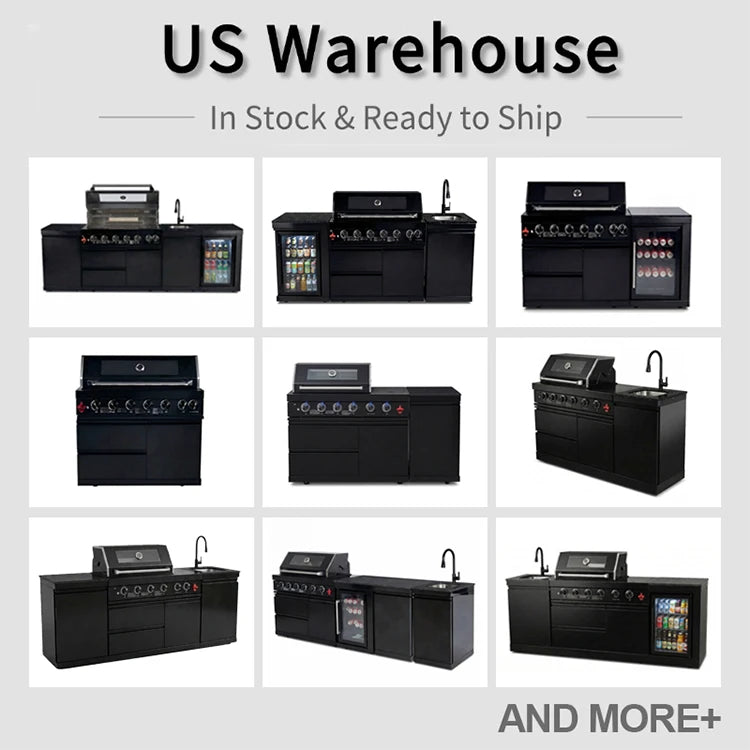 US Overseas Warehouse 304 Stainless Steel Outdoor Kitchen BBQ Island All in One Cooking Station with Fridge & Sink