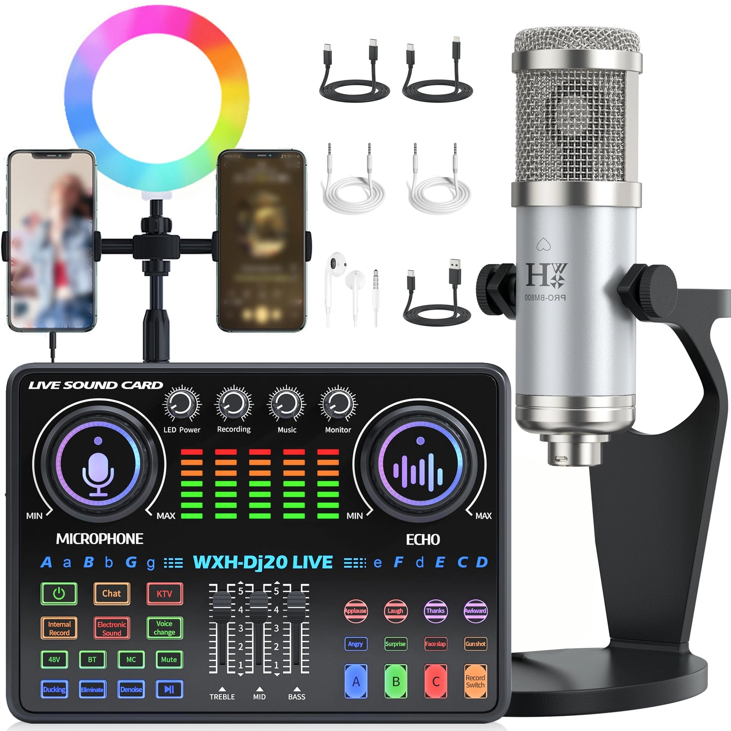 DJ20 Live Sound Card Audio Mixer 48V Capacitive Microphone Sound Card Full Set Mobile Phone Live Streaming Karaoke Sound Card