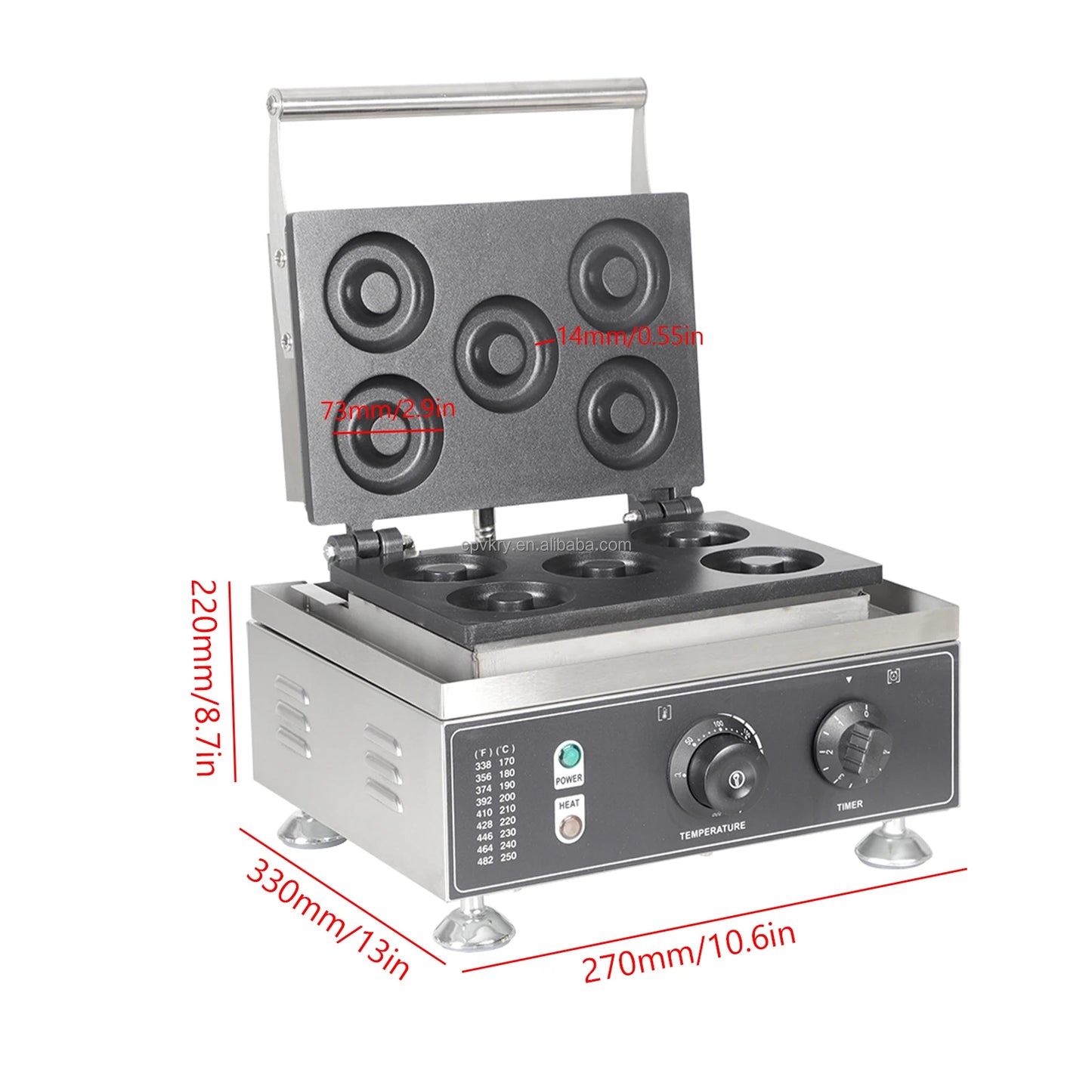 Commercial Electric Double-Sided Waffle & Donut Maker 5-Hole Non-Stick Surface Temperature Range 122-572℉ for Holiday Inn