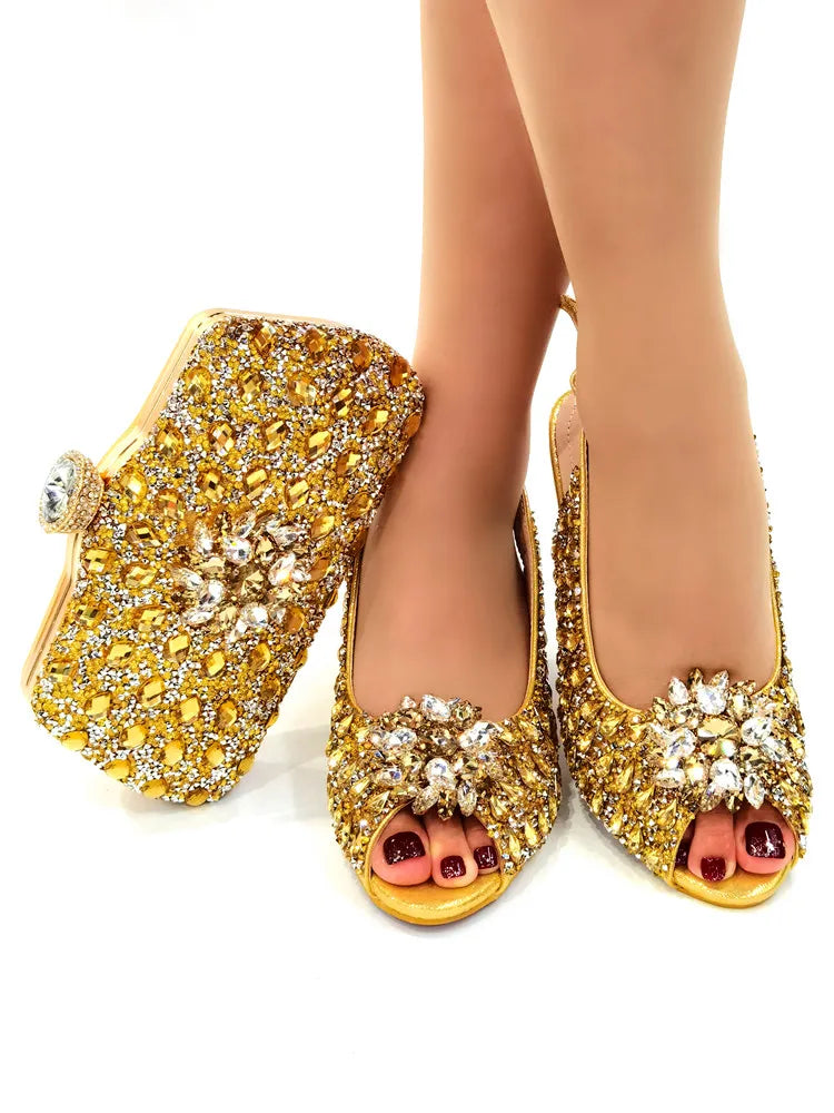 Ladies Italian Shoes and Bag Set Decorated with Rhinestone Matching Shoes and Bag Set In Heels Women Comfy Platform Sandal Shoes